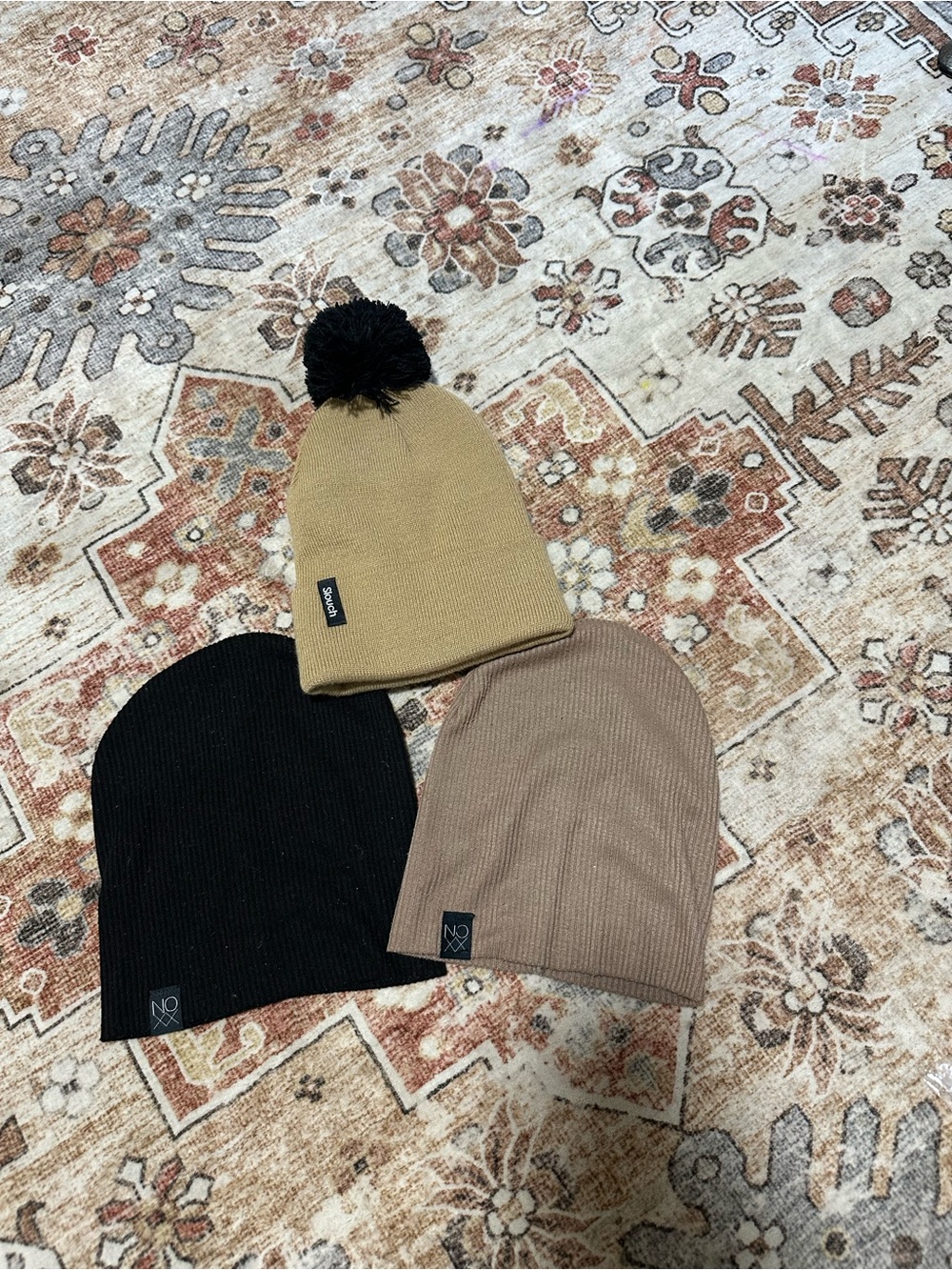 Kids Ribbed Beanie Trio - Black, Tan, and Camel - No Brand